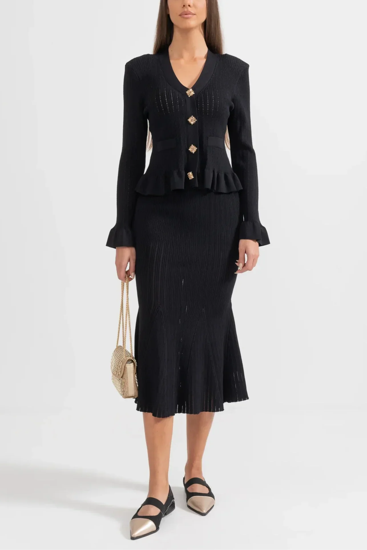 Prudence Conjunto de Vestido Midi de Punto Refinado y Top con Botones
