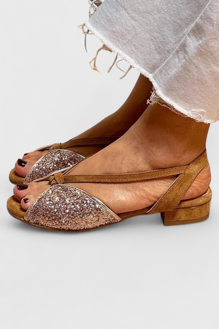 Dobrava Sandalias Sofia Peep-Toe con Detalles Brillantes y Tacón Bajo en Bloque