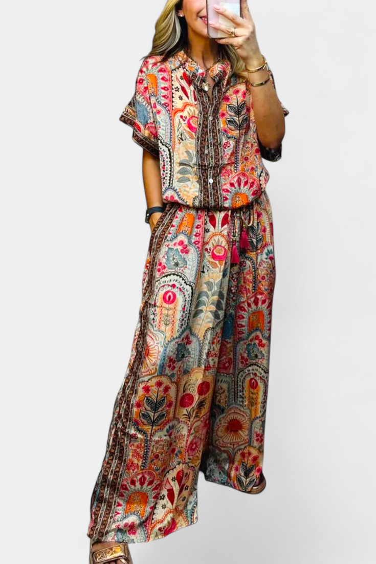 Hallie Conjunto Boho con Pantalones Anchos y Blusa con Flecos