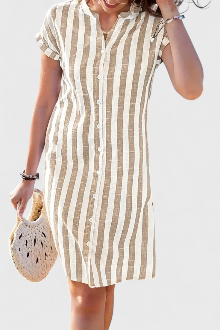 Sandrine Vestido Camisero de Rayas con Botones y Estilo Lino