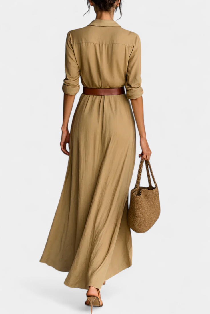 Souline Vestido Maxi con Solapa y Manga Larga