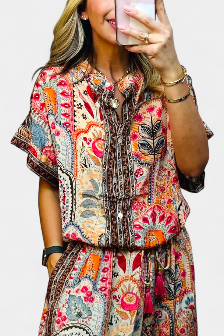 Hallie Conjunto Boho con Pantalones Anchos y Blusa con Flecos