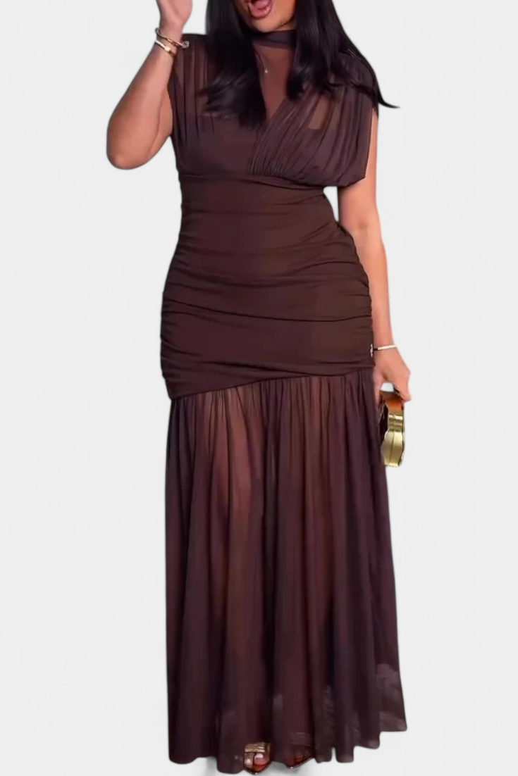 Noelia Vestido Bodycon de Malla Plisada Marrón