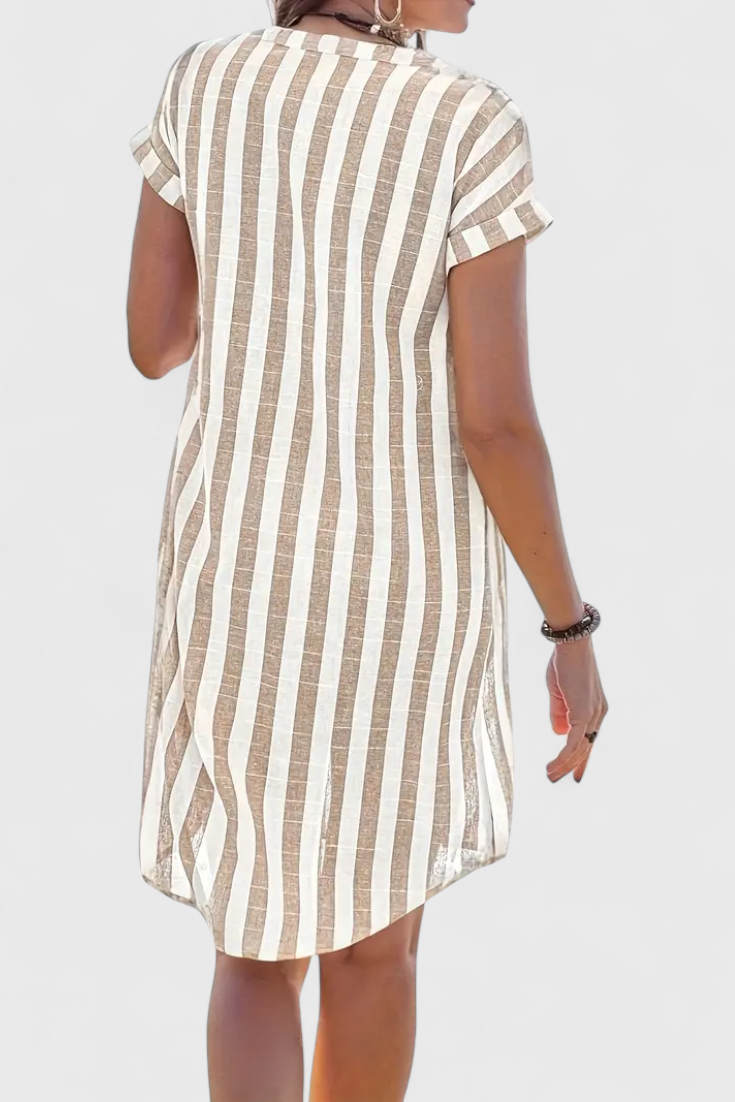 Sandrine Vestido Camisero de Rayas con Botones y Estilo Lino