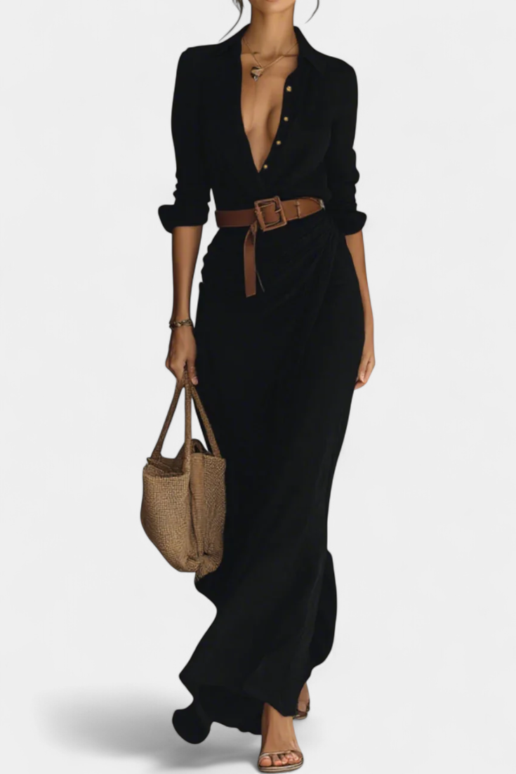Souline Vestido Maxi con Solapa y Manga Larga