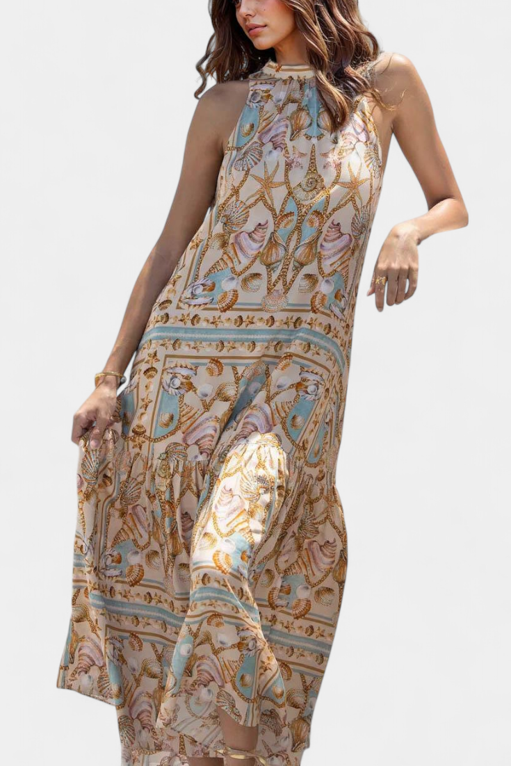 Teófila Vestido Largo Silky con Estampado de Tesoros del Océano