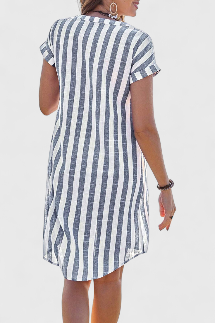 Sandrine Vestido Camisero de Rayas con Botones y Estilo Lino