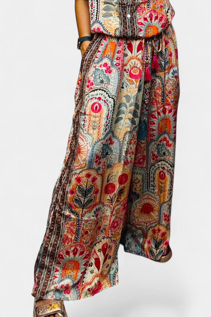 Hallie Conjunto Boho con Pantalones Anchos y Blusa con Flecos