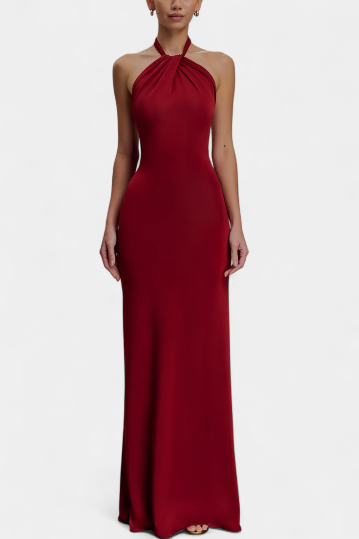 Trinity Vestido Halter Ajustado con Fruncido y Espalda Descubierta