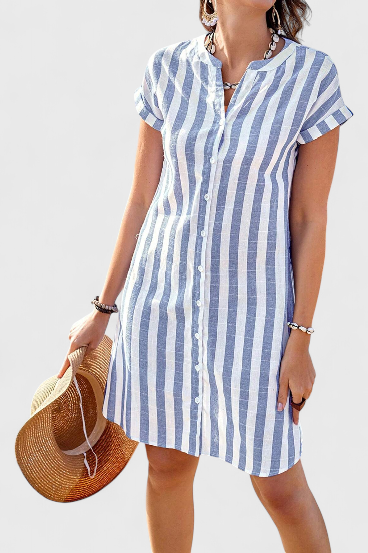 Sandrine Vestido Camisero de Rayas con Botones y Estilo Lino