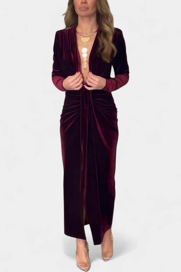 LaVerna Vestido Largo de Terciopelo Dorado con Cuello en V