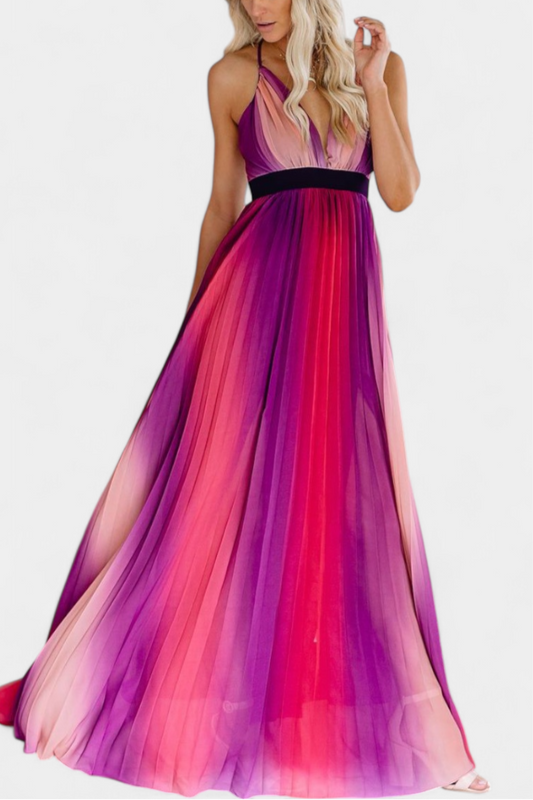Cecilia Vestido Plisado con Espalda Abierta y Estampado Degradado
