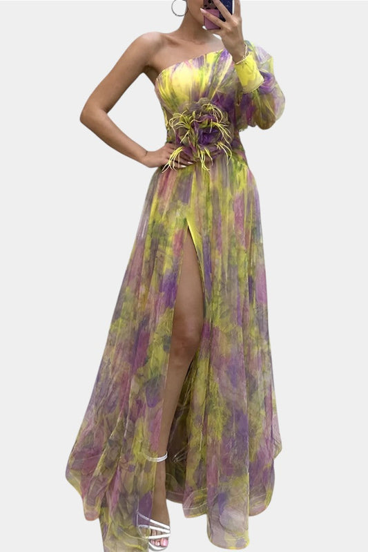 Amelie Vestido Maxi Asimétrico de Un Hombro con Estampado Artístico