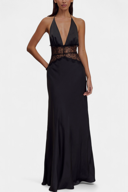Ashanty Vestido Largo con Escote Halter y Cintura de Encaje Transparente