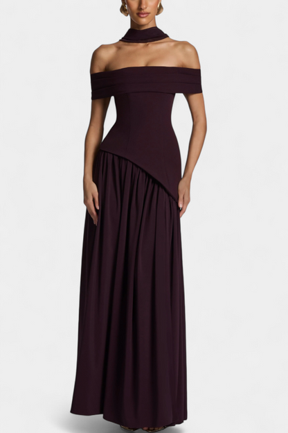 Celaena Vestido Maxi Off Shoulder de Chiffon con Abertura Lateral
