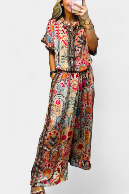 Hallie Conjunto Boho con Pantalones Anchos y Blusa con Flecos
