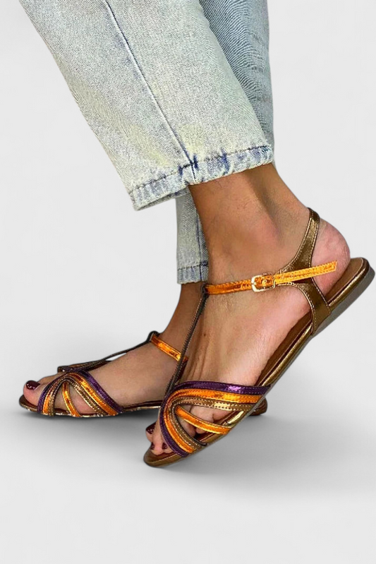 Raluca Sandalias Doradas con Correa en T Multicolor y Hebilla