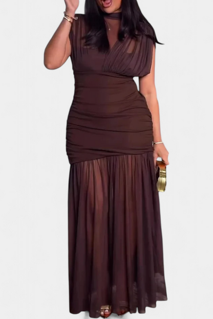 Noelia Vestido Bodycon de Malla Plisada Marrón