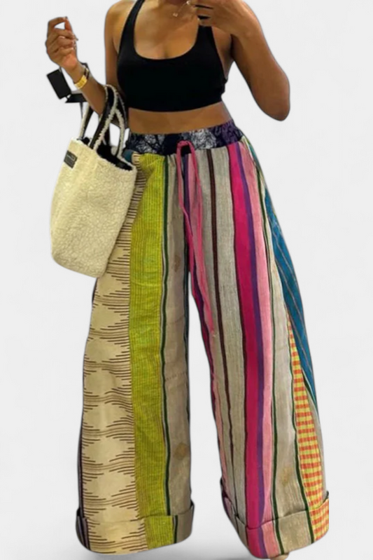 Claudine Pantalones Casual de Pierna Ancha con Estampado a Rayas