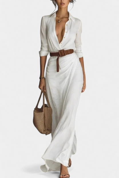 Souline Vestido Maxi con Solapa y Manga Larga
