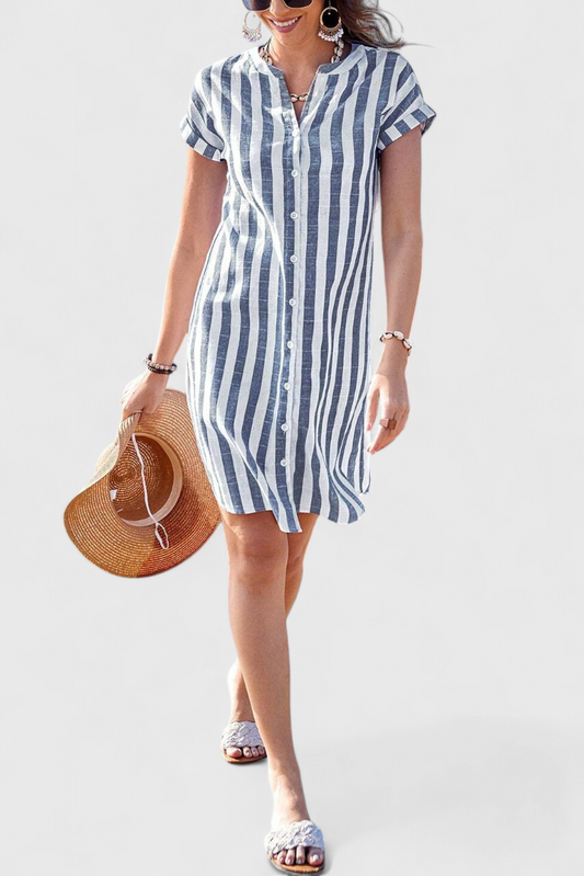 Sandrine Vestido Camisero de Rayas con Botones y Estilo Lino