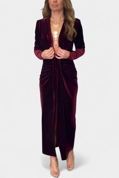 LaVerna Vestido Largo de Terciopelo Dorado con Cuello en V