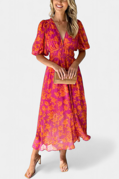 Wren Vestido Midi Floral con Escote en V y Mangas Abullonadas