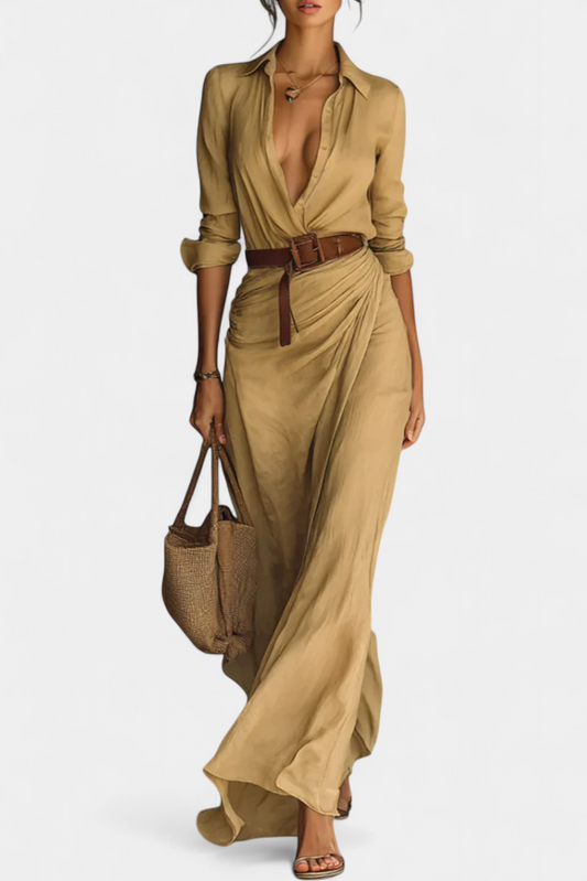 Souline Vestido Maxi con Solapa y Manga Larga